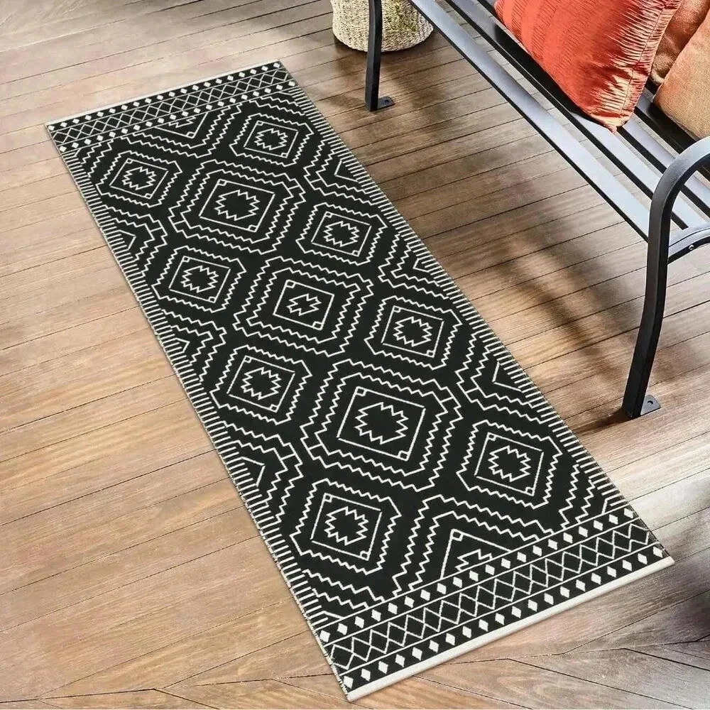 Black and White 2x6 Outdoor Runner Rug, WashablReversible Cotton